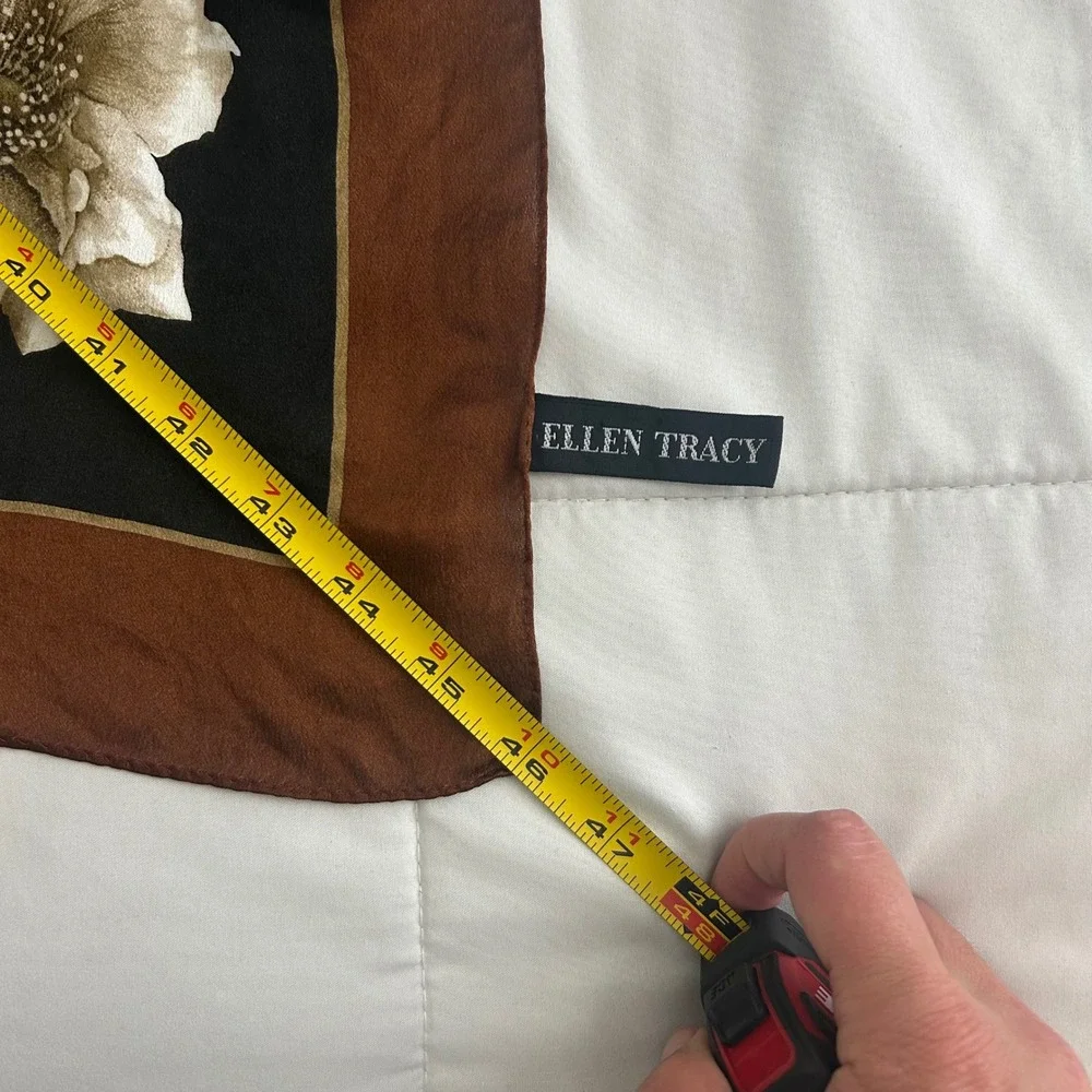 Ellen Tracy Silk Scarf Black Brown Floral Rose Print Square Large 32in Old Money